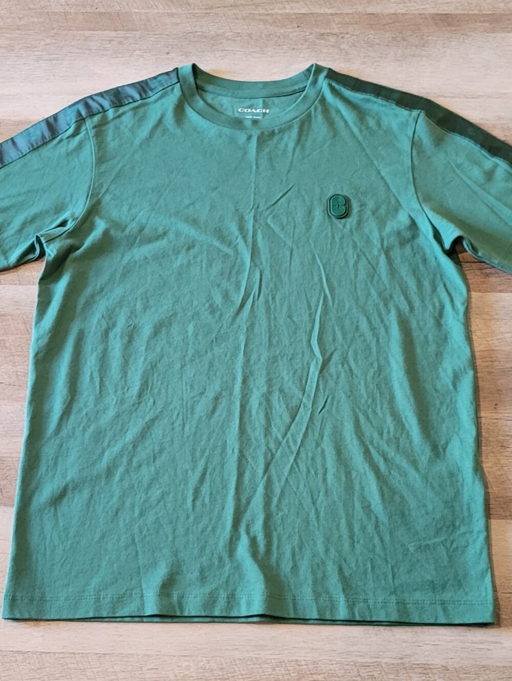 Coach Men’s Green Short-Sleeve Crewneck Tee with Shoulder Stripe